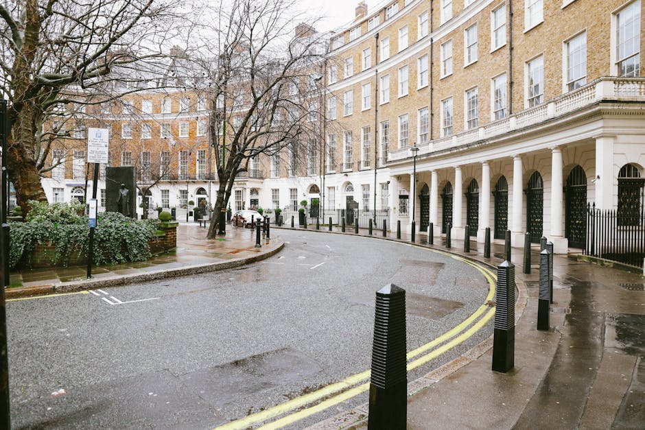 A quiet urban street scene showing a curved road bordered by black bollards and double yellow lines on a wet pavement. To the left, there is a small public area with leafless trees, some shrubbery, and a park bench, indicating a cold or winter season. In the background, multi-storey residential buildings with cream and beige brick facades, white window frames, and decorative columns at ground level are visible. The buildings have large, evenly spaced windows and iron railings enclosing the ground-floor entrances. The overcast sky casts diffuse lighting across the scene, accentuating the wet surface of the street and sidewalk, creating subtle reflections. The image captures a calm, tidy environment typical of city centre residential districts where private waste collection or on-site clearance, such as that provided by Waste Removal Pimlico, could be relevant for managing rubbish or fly-tipping debris in the area.