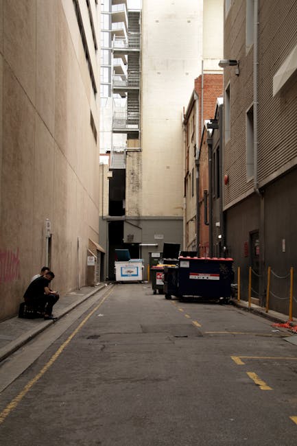 A narrow urban alleyway flanked by tall, plain concrete and brick buildings on either side, with a clear view of the back of residential or commercial structures. The street surface is paved with asphalt, showing faint yellow line markings and some oil stains. On the left side, a person dressed in dark clothing is crouching and appears to be reading or checking a smartphone, positioned near the bottom corner. To the right, several large wheelie bins made of plastic with lids, some black and others red, are lined up against the building's facade, indicating it is an area designated for waste collection or disposal. The bins are filled with rubbish, and some are stacked or leaning slightly. Behind the bins, a series of grey and black industrial dumpsters are present, with signs of previous use. In the background, there are more bins and the back wall of a building with exposed concrete and brickwork, suggesting a service or waste management zone. Soft natural lighting illuminates the scene, emphasizing the utilitarian environment typical for private rubbish removal or alternative waste handling services that Waste Removal Pimlico provides, with no visible signage or branding in the image.